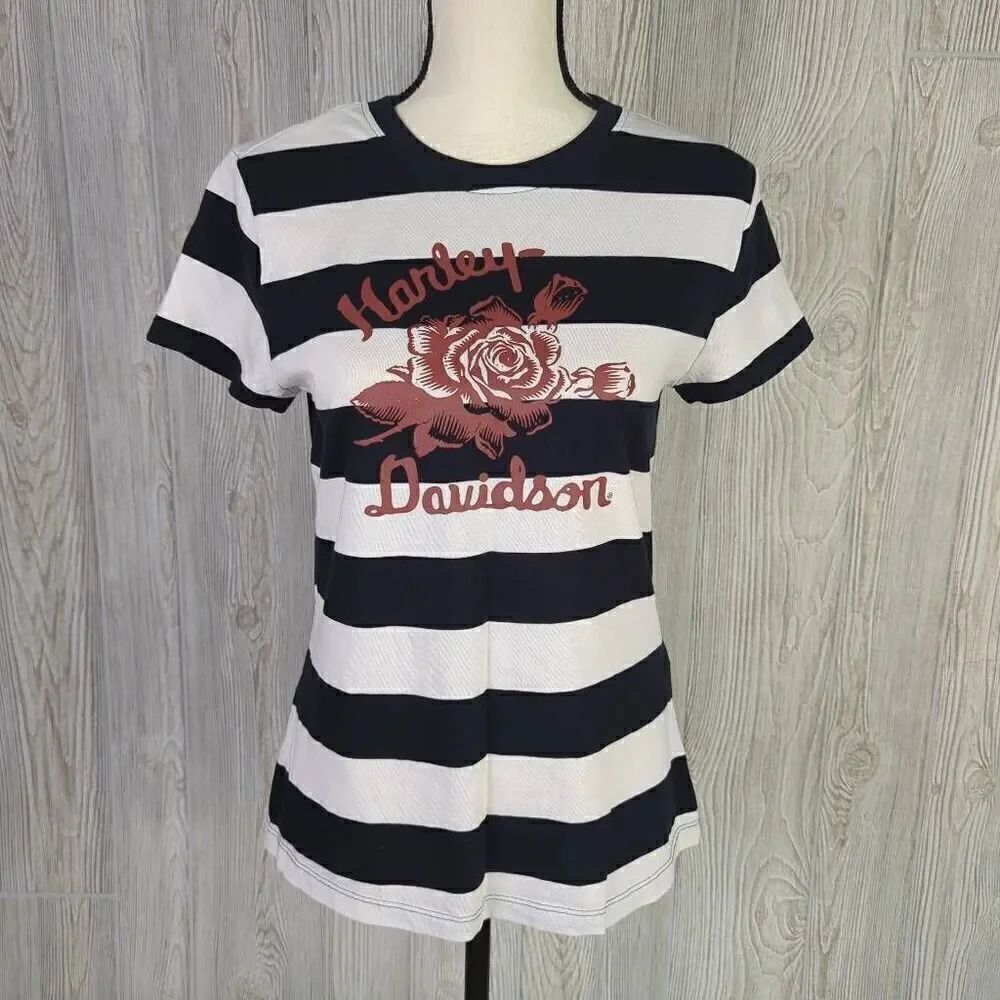 Harley Davidson Women’s Small Black White Striped Floral T-Shirt Top
